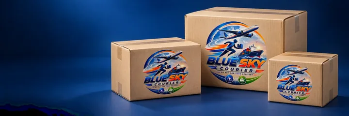 Three Blue Sky Courier branded shipping boxes