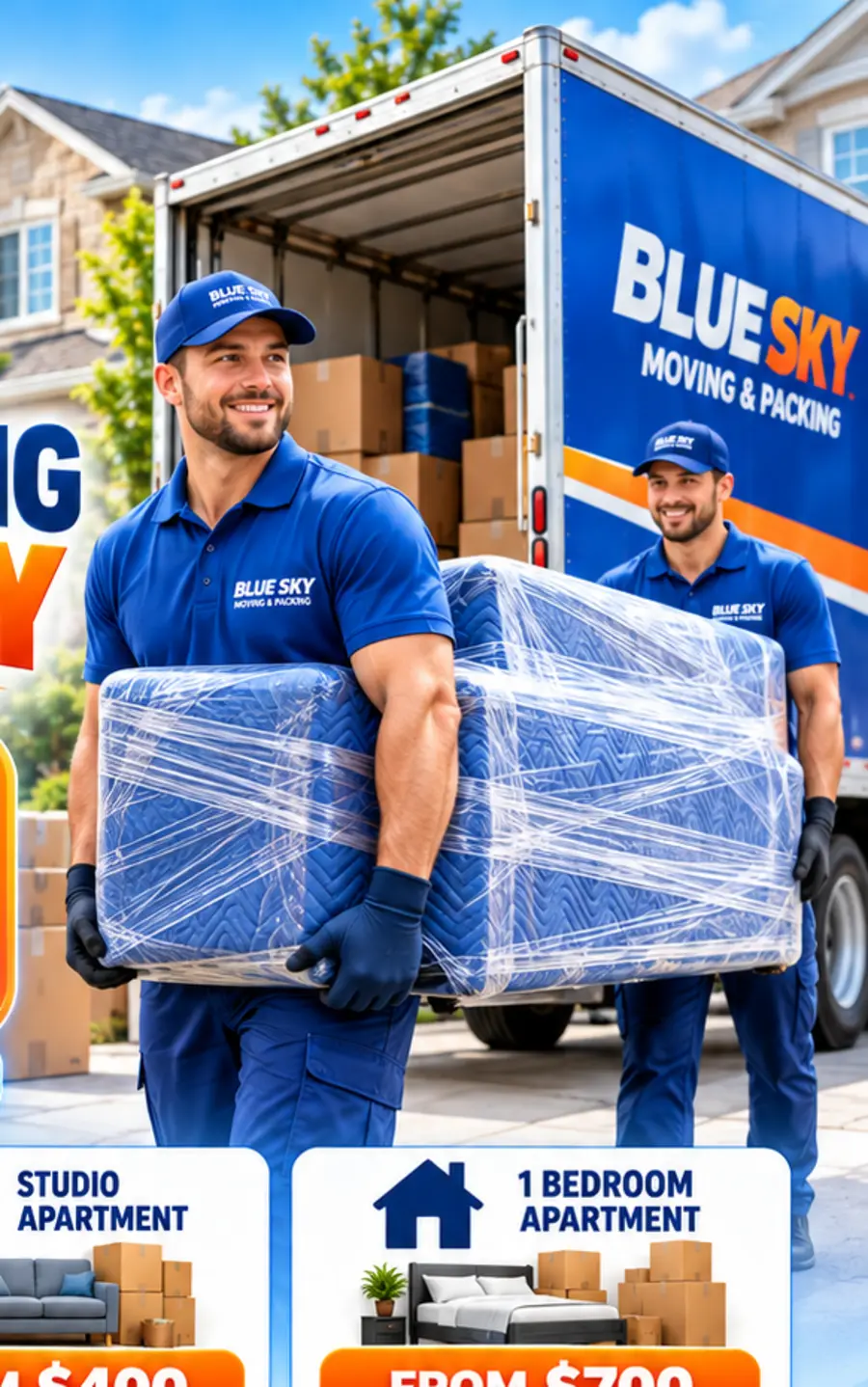 Blue Sky movers carrying wrapped furniture beside a moving truck